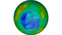 False-color view of total ozone over the Antarctic pole. The purple and blue colors are where there is the least ozone, and the yellows and reds are where there is more ozone. Image from Aug. 17, 2021.