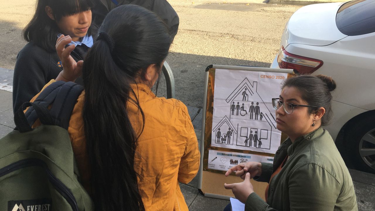 Samantha Vazquez, a wellness and prevention manager at Street Level Health Project in Oakland, California, addresses members of the Mayan Mam community about the importance of the 2020 census during an outdoors workshop in May 2020.  