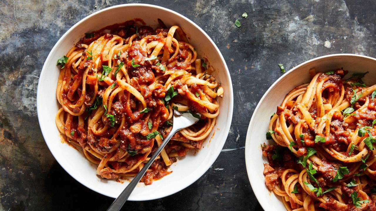 The is vegan bolognese with mushrooms. And with some practice, more sophisticated dishes like this could be within reach of the tween and teens in your household.