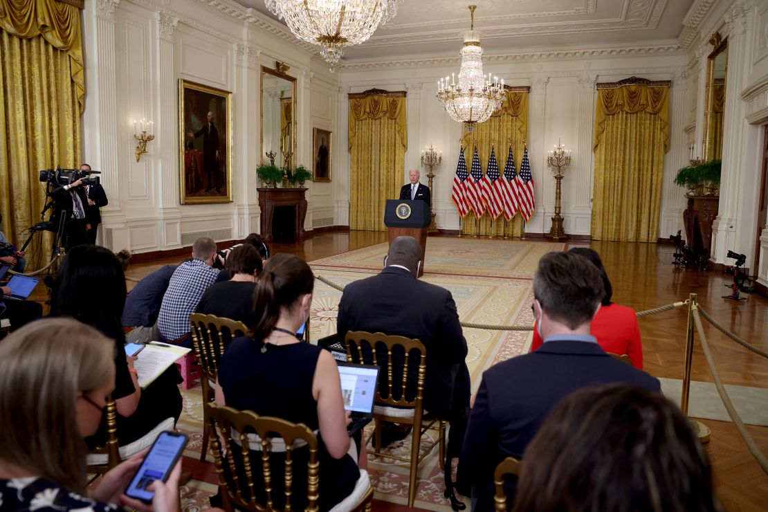 U.S. President Joe Biden delivers remarks on the worsening crisis in Afghanistan from the East Room of the White House August 16, 2021 in Washington, DC. 