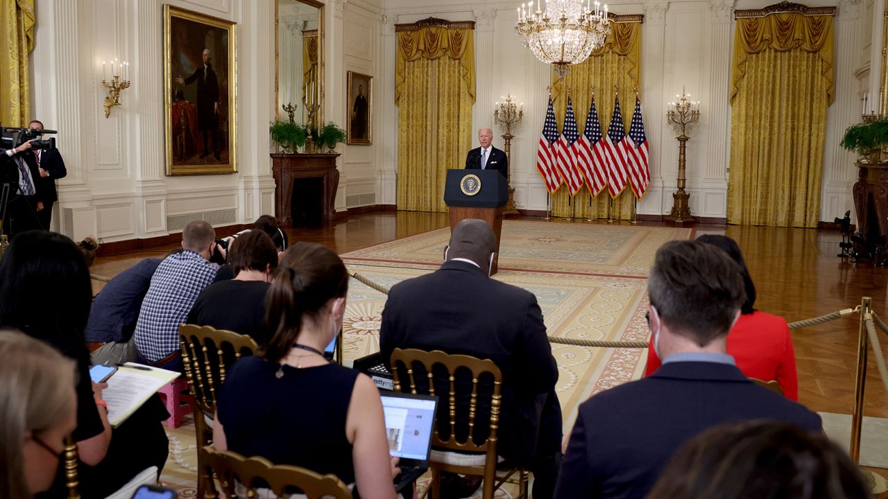 U.S. President Joe Biden delivers remarks on the worsening crisis in Afghanistan from the East Room of the White House August 16, 2021 in Washington, DC.