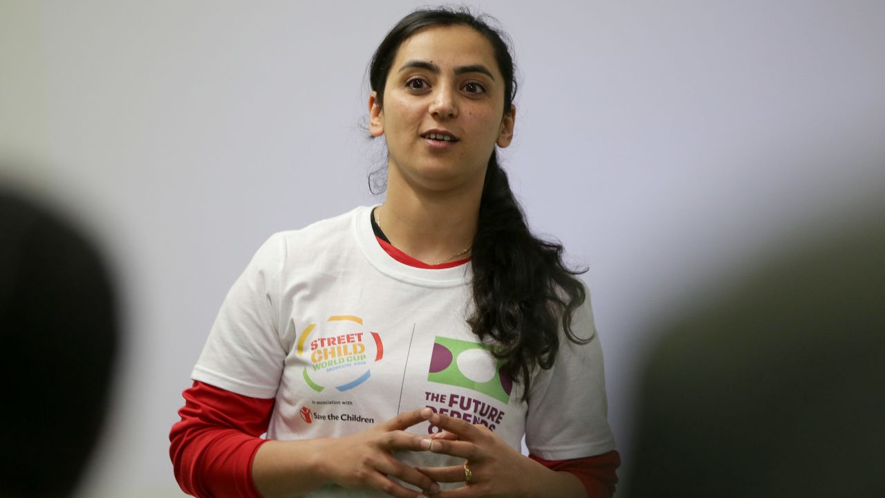 Former Afghanistan women's football captain Khalida Popal speaks during a motivational session with young women in south London on March 30, 2018.
Former Afghanistan women's football captain Khalida Popal fled her country after receiving death threats but it has far from cowed her in fighting the prejudice which confronts women daily, she told AFP. The 30-year-old -- who has been based in Denmark since 2011 -- takes her message round the world and spoke after giving an inspirational talk to the girls of Team England who will compete in the Street Child World Cup in Moscow later this year. Popal said women could achieve anything, a belief she formed when as a child a group of men refused to give back the football she was playing with, saying girls had no right to take part in sport. / AFP PHOTO / Daniel LEAL-OLIVAS (Photo credit should read DANIEL LEAL-OLIVAS/AFP via Getty Images)