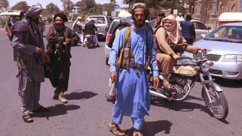 Taliban fighters patrol the streets in Herat on August 14.