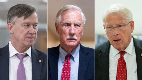 From left to right, Sens. John Hickenlooper, Angus King and Roger Wicker. All three announced positive Covid tests on Thursday and all three are vaccinated. 