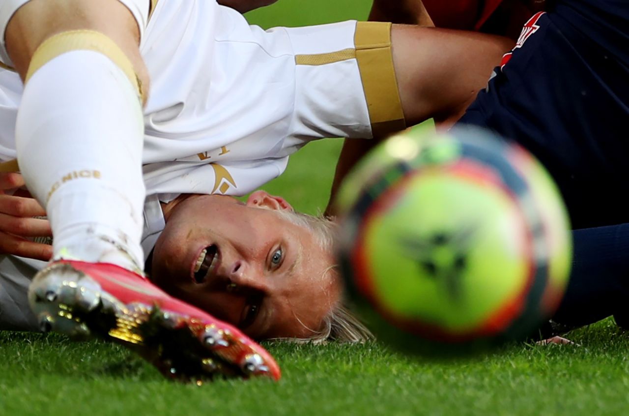 Nice's Kasper Dolberg eyes the ball during a Ligue 1 soccer game in Villeneuve-d'Ascq, France, on Saturday, August 14.