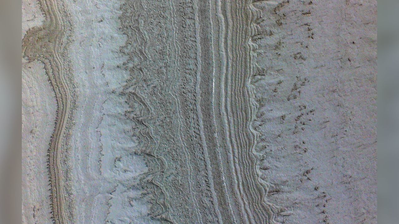 This image taken by NASA's Mars Reconnaissance Orbiter shows ice sheets at the Martian south pole. The spacecraft also detected clays near this ice.