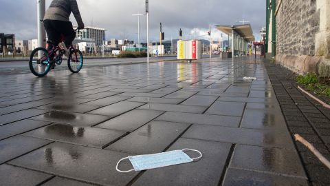 A face mask lies on the ground in Christchurch, New Zealand, on Wednesday.