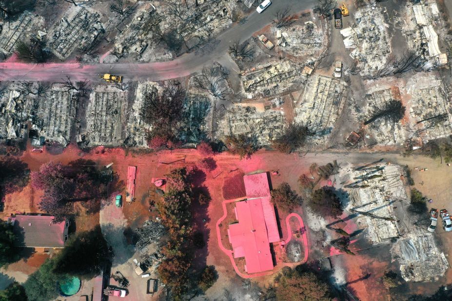 This aerial photo, taken on August 19, shows burned homes at the Creekside Mobile Home Park a day after they were destroyed by the Cache Fire in Clearlake, California.