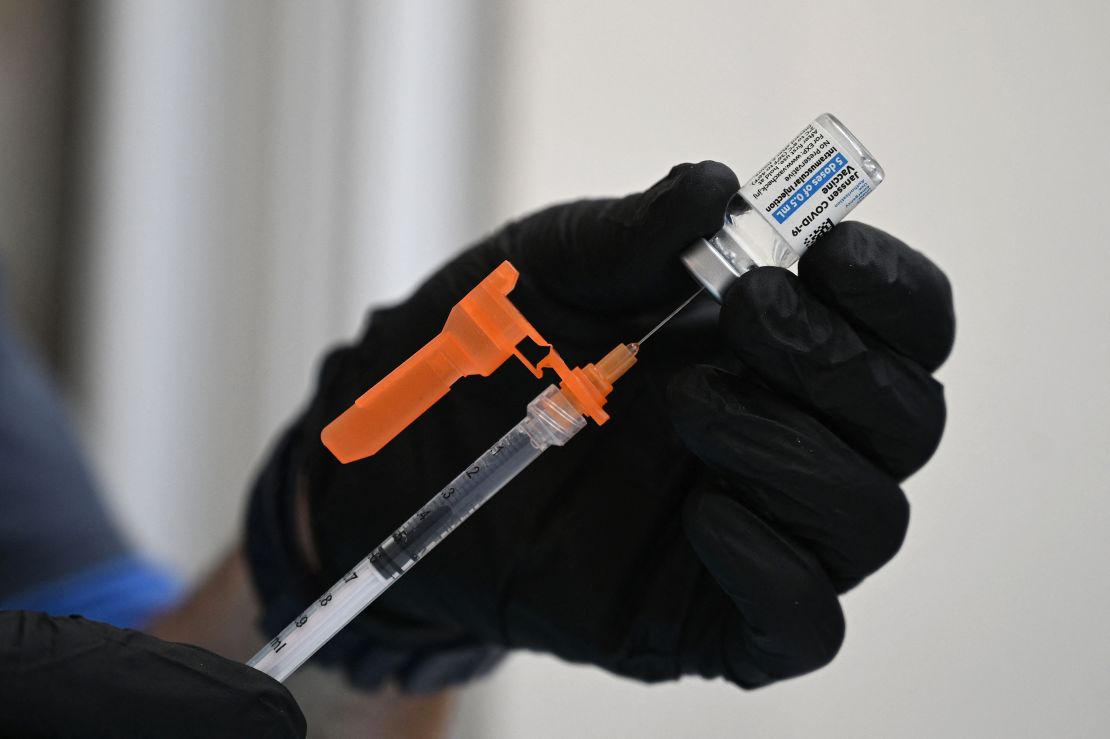 A nurse fills a syringe with Johnson & Johnson's Janssen Covid-19 vaccine at a clinic hosted by The Tournament of Roses in partnership with the Pasadena Public Health Department, August 19, 2021 at Tournament House in Pasadena, California.