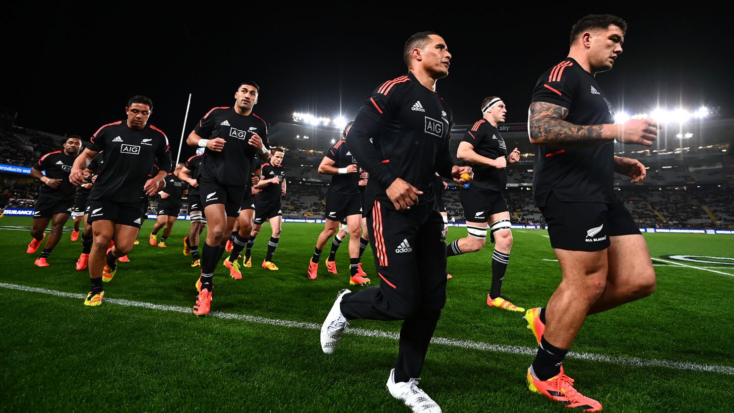 All Blacks players run in after warm ups ahead of the Rugby Championship and Bledisloe Cup match against the Australia Wallabies at Eden Park.