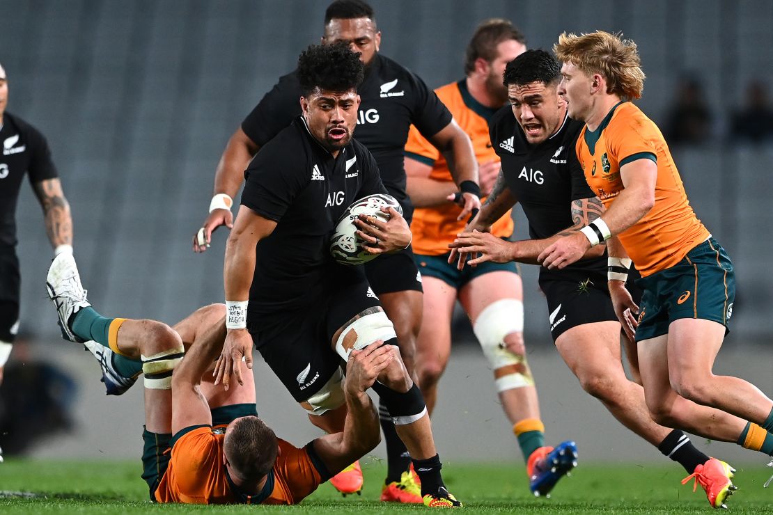 Ardie Savea of the All Blacks is tackled during The Rugby Championship and Bledisloe Cup match against the Wallabies.