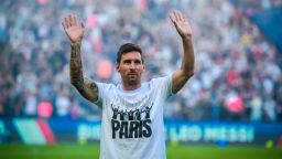 Paris Saint-Germain's Lionel Messi greets the fans during the presentation of the new recruits prior to the French Ligue 1 soccer match between Paris Saint Germain and Strasbourg at the Parc des Princes stadium in Paris, France, 14 August 2021.