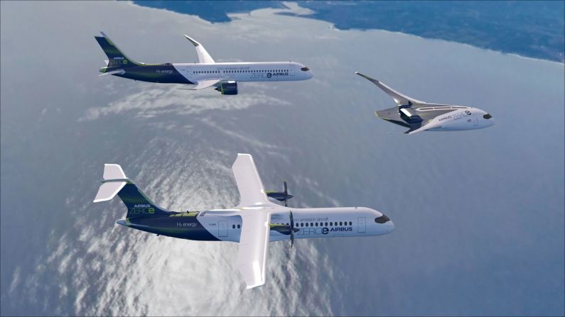 ZEROe plans for three hydrogen-powered, zero-emission aircraft, which can carry 100 to 200 passengers. This rendering shows the blended wing design on the right.