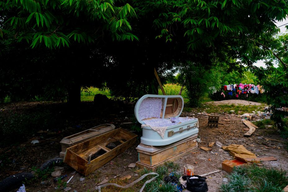 A coffin under construction sits in the backyard of carpenter Chery Jeanne's home in Les Cayes on August 19. Jeanne had already built five coffins for earthquake victims.