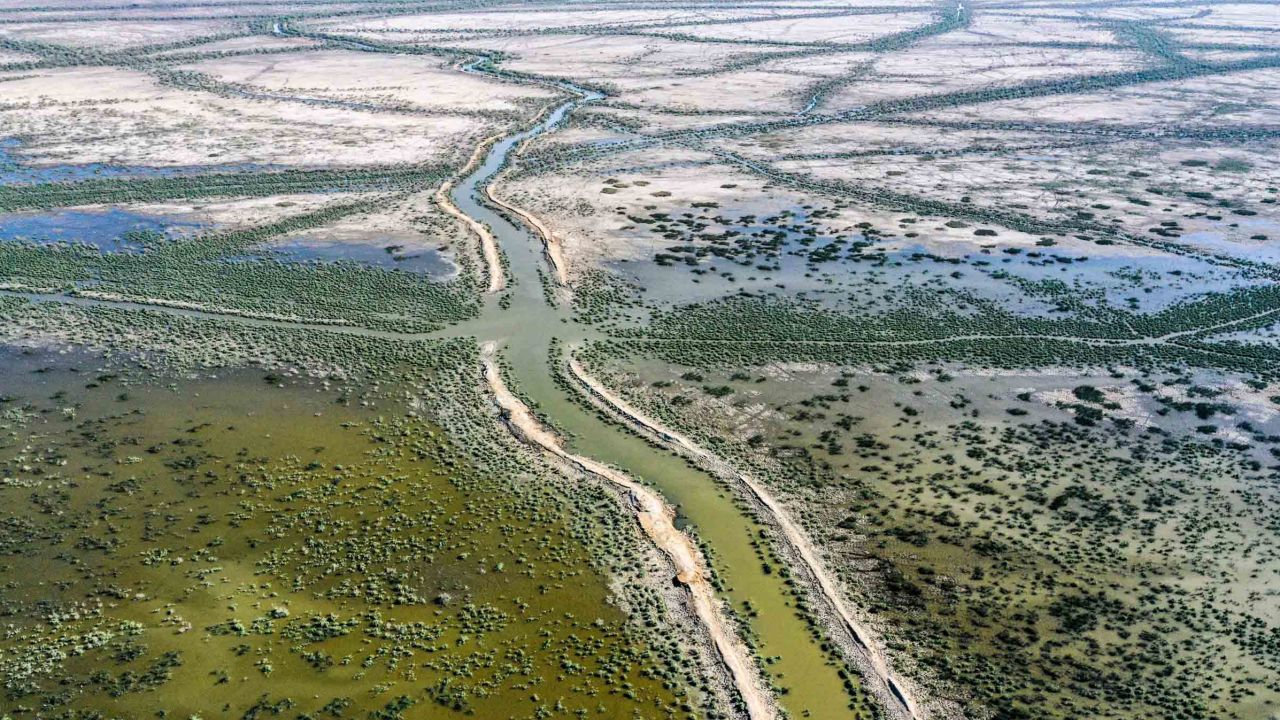 An aeriel view on June 20, 2021 of the drying Chibayesh marshland in Iraq's southern Ahwar area.