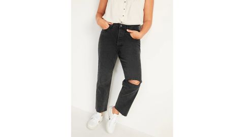 Extra High-Waisted Button-Fly Sky-Hi Straight Black Ripped Jeans for Women