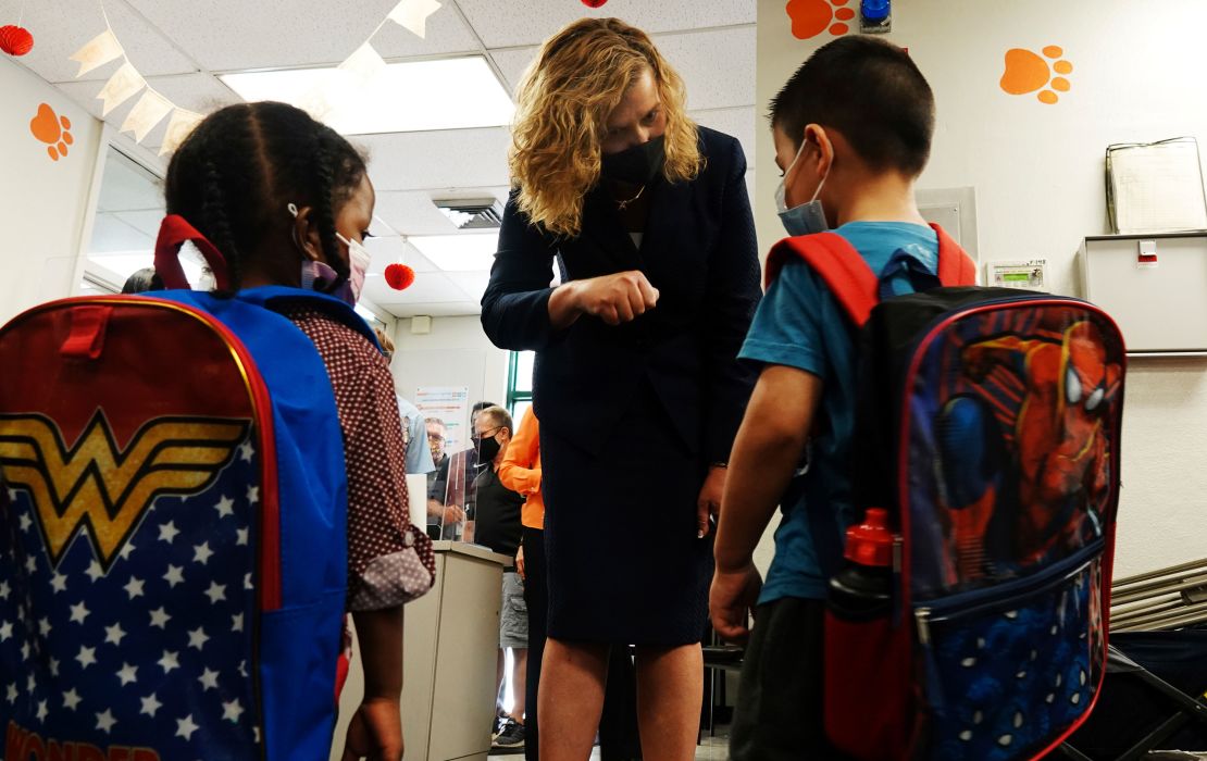 Broward County Schools Interim Superintendent Dr. Vickie L. Cartwright greets students Wednesday, Aug. 16, 2021, at North Lauderdale Elementary School.