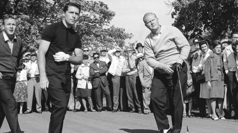 Palmer and Player follow the flight of Nicklaus' tee shot at the Firestone Country Club, Akron, Ohio in 1965.