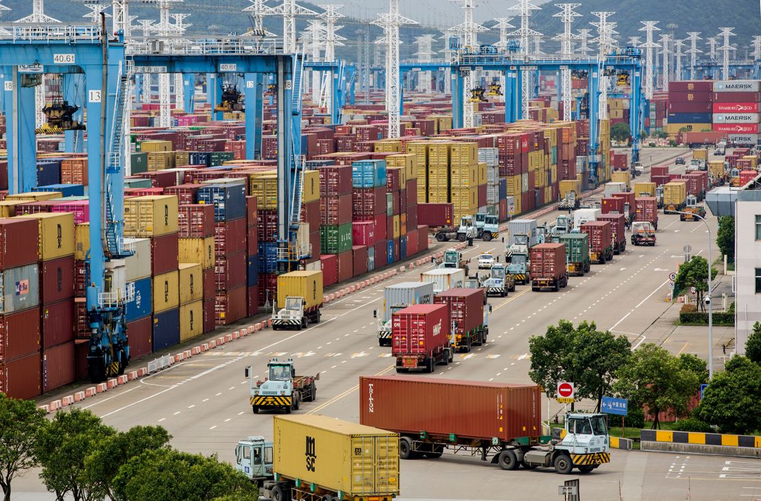 Containers are shown at Ningbo-Zhoushan port on August 15, 2021.