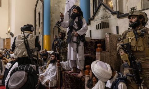 Khalil Haqqani, a leader of the Taliban-affiliated Haqqani network and a US-designated terrorist, delivers remarks after Friday prayers at the Pul-e Khishti Mosque in Kabul on August 20. It was the first Friday prayers since the Taliban took control of Afghanistan.