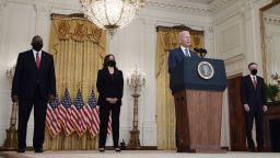WASHINGTON, DC - AUGUST 20: U.S. President Joe Biden delivers remarks on the U.S. military's ongoing evacuation efforts in Afghanistan as he is joined by (L-R) U.S. Secretary of Defense Lloyd Austin, U.S. Vice President Kamala Harris, Secretary of State Antony Blinken (obscured), and White House National Security Advisor Jake Sullivan from the East Room of the White House on August 20, 2021 in Washington, DC. The White House announced earlier that the U.S. has evacuated almost 14,000 people from Afghanistan since the end of July. (Photo by Anna Moneymaker/Getty Images)
