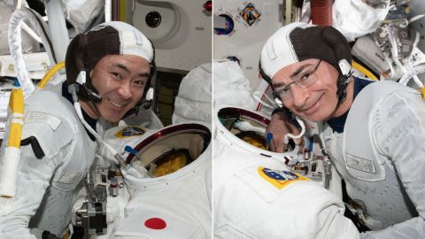 JAXA astronaut Akihiko Hoshide (left) and NASA astronaut Mark Vande Hei (right) are pictured on the space station.