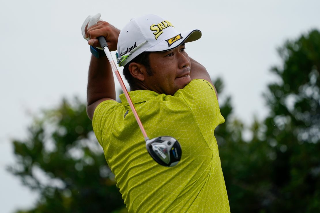Hideki Matsuyama watches his shot off the third tee in the second round at the Northern Trust golf tournament, Friday, Aug. 20, 2021, at Liberty National Golf Course in Jersey City, N.J. 