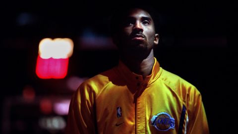 Lakers guard Kobe Bryant during the National Anthem at the Staples Center before a game