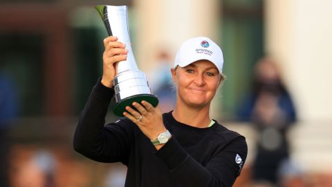 Anna Nordqvist of Sweden lifts the AIG Women's Open trophy on Sunday.