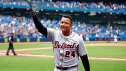 Miguel Cabrera of the Detroit Tigers celebrates after hitting his 500th career home run in the sixth inning against the Toronto Blue Jays at Rogers Center on August 22, in Toronto.