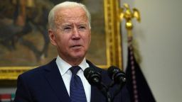 US President Joe Biden speaks during an update on the situation in Afghanistan and the effects of Tropical Storm Henri in the Roosevelt Room of the White House in Washington, DC on August 22, 2021. 