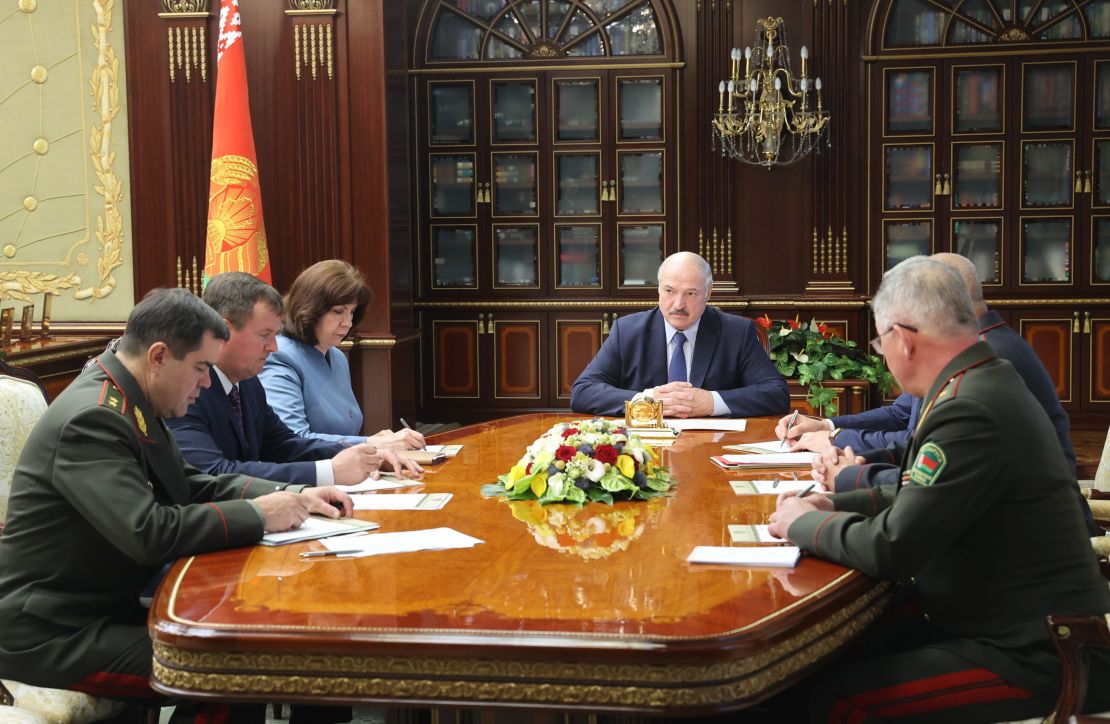 Belarusian President Alexander Lukashenko, center, attends an urgent security meeting after the arrest of the mercenaries.