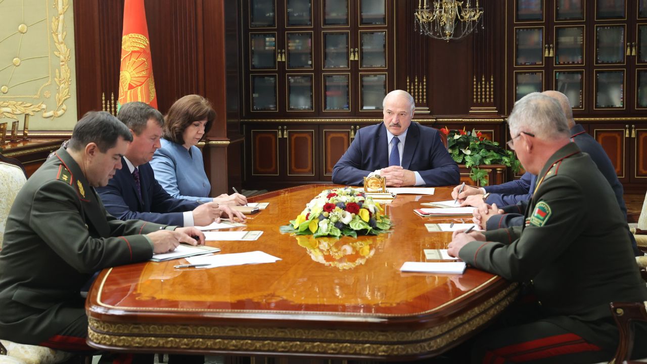 Belarusian President Alexander Lukashenko, center, attends an urgent security meeting after the arrest of the mercenaries.