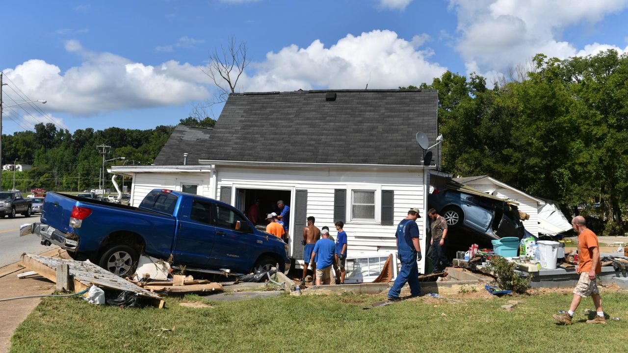 A damaged house is seen Sunday in Waverly, Tennessee.