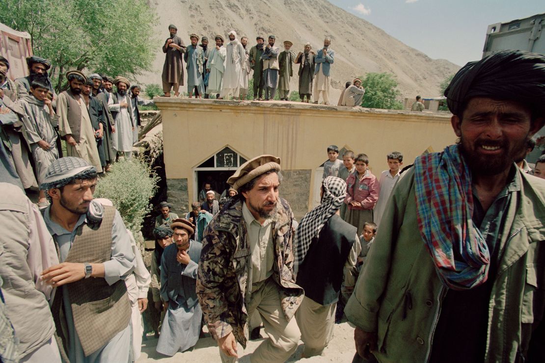 Ahmad Shah Massoud, (center) Defense Minister of Afghanistan and leader of the Northern Alliance is seen in this undated photo in Anaba, Panjshir Province, Afghanistan.  