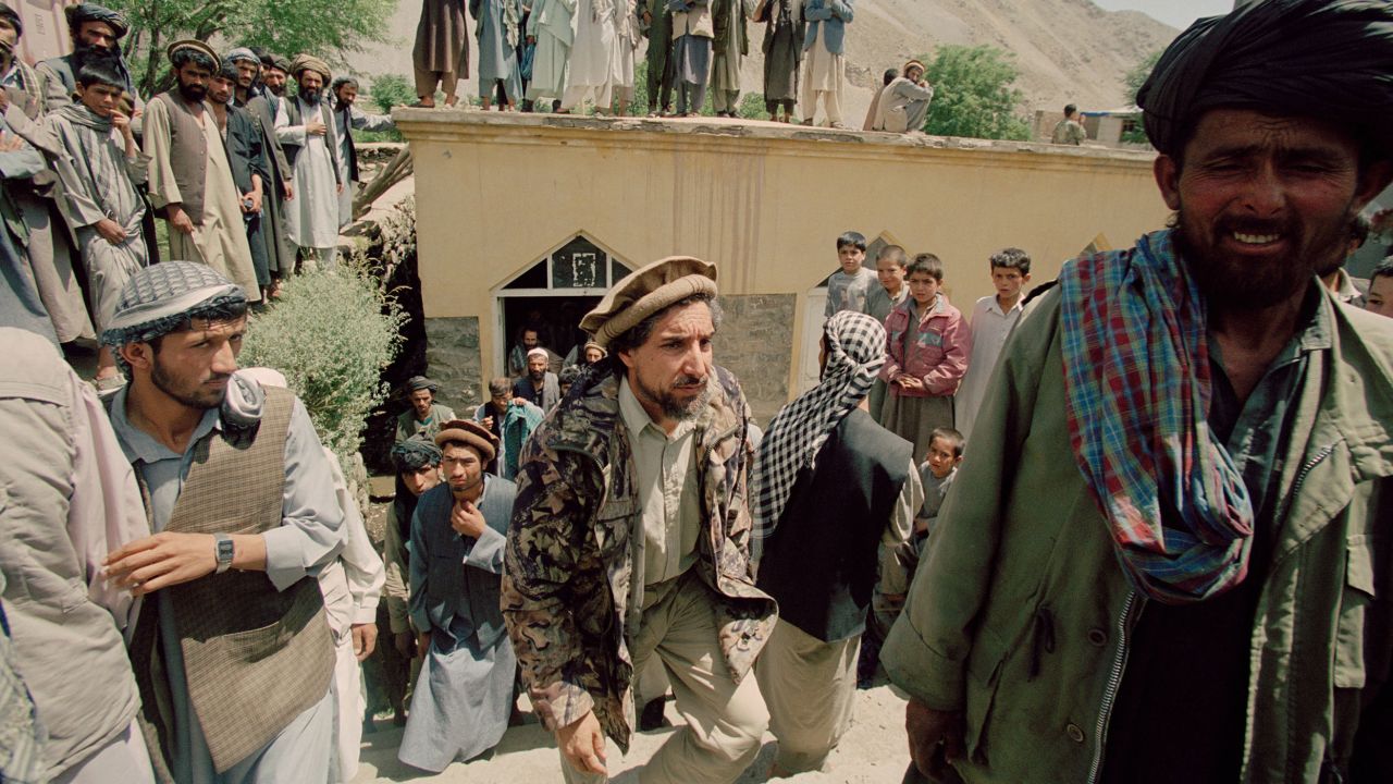 Ahmad Shah Massoud, (center) Defense Minister of Afghanistan and leader of the Northern Alliance is seen in this undated photo in Anaba, Panjshir Province, Afghanistan.  