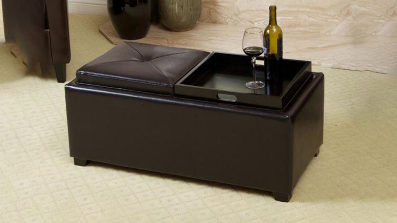 Noble House Maxwell Espresso Brown Leather Tray Ottoman