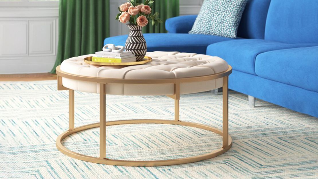 Gold Flamingo Gambier 38-Inch Wide Velvet Tufted Round Cocktail Ottoman