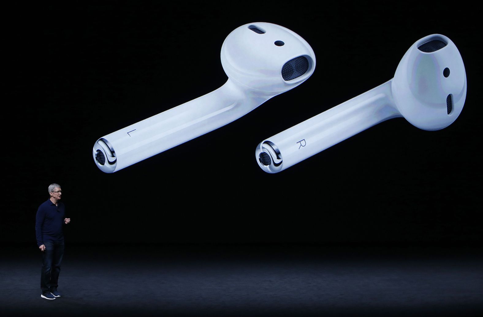 Cook speaks during the launch of Apple's AirPods in September 2016.