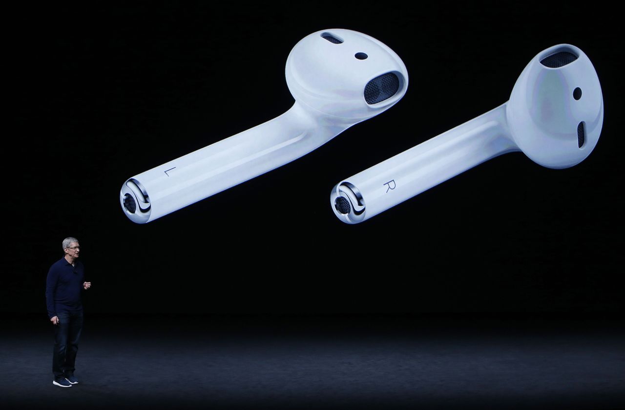 Cook speaks during the launch of Apple's AirPods at the Bill Graham Civic Auditorium in San Francisco on September 7, 2016.
