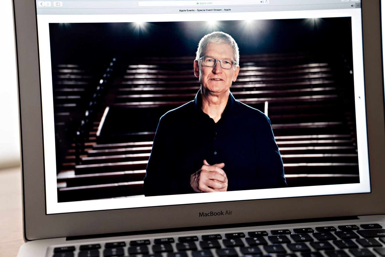 Cook is seen on a laptop as he speaks during the Apple Worldwide Developers Conference in June 2020. The conference was held remotely because of the coronavirus pandemic.