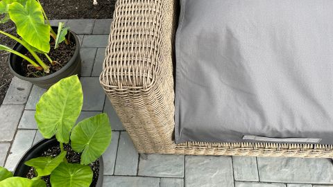 Detail shot of the Outer sofa in wicker after two months of testing.