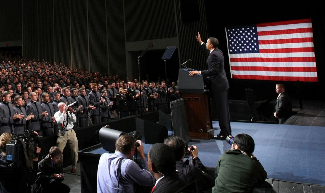 Then-President Barack Obama greets cadets before speaking at the U.S. Military Academy at West Point on December 1, 2009 in West Point, New York. President Obama laid out his plan for an initial increase of some 30,000 troops in an effort to eventually begin to transition U.S. forces out of Afghanistan starting in July 2011. 