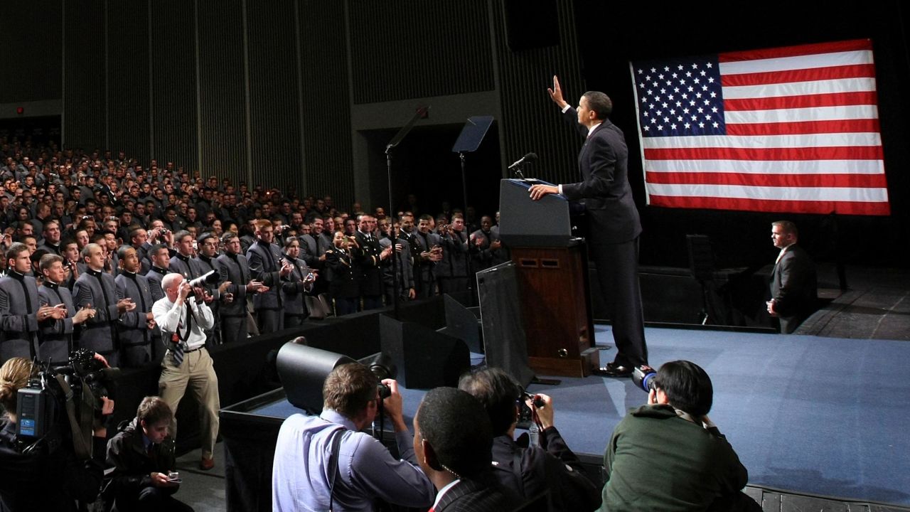 Then-President Barack Obama greets cadets before speaking at the U.S. Military Academy at West Point on December 1, 2009 in West Point, New York. President Obama laid out his plan for an initial increase of some 30,000 troops in an effort to eventually begin to transition U.S. forces out of Afghanistan starting in July 2011. 