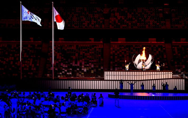 The Paralympic cauldron is lit by three Japanese athletes during the opening ceremony in Tokyo on August 24. The athletes who lit the cauldron were powerlifter Karin Morisaki, wheelchair tennis player Yui Kamiji and boccia player Shunsuke Uchida.