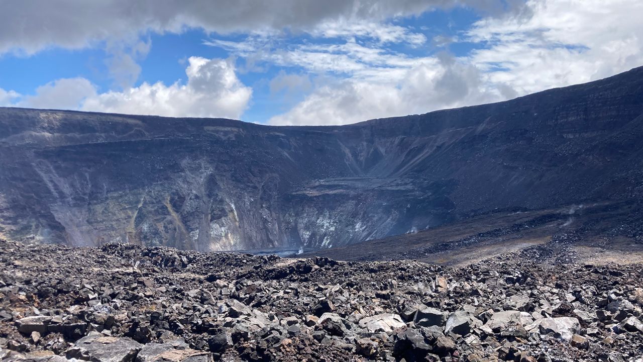 From the northwest corner of the largest down-dropped block within Kīlauea caldera, HVO scientists were able to spot the southern edge of the lava lake that was recently active, from December 2020 to May 2021. 