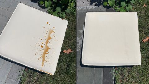 Before and after shot of stain-resistance testing on the Outer sofa.