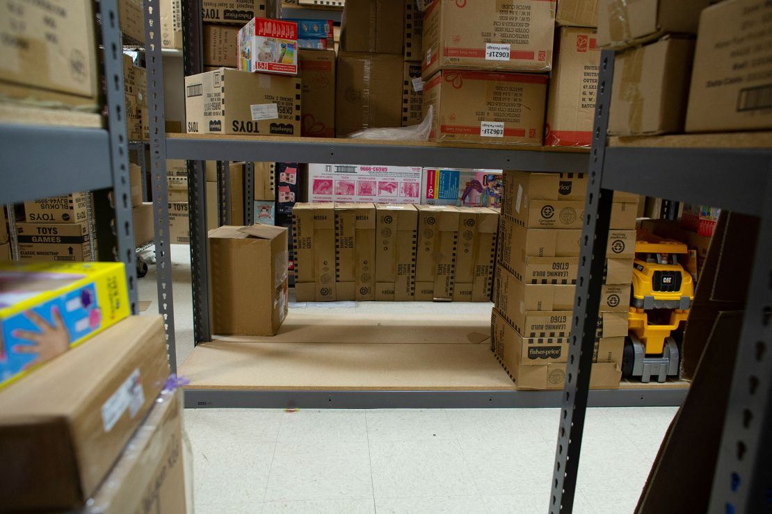 Empty shelves are seen at Mary Arnold Toys on August 2, 2021.