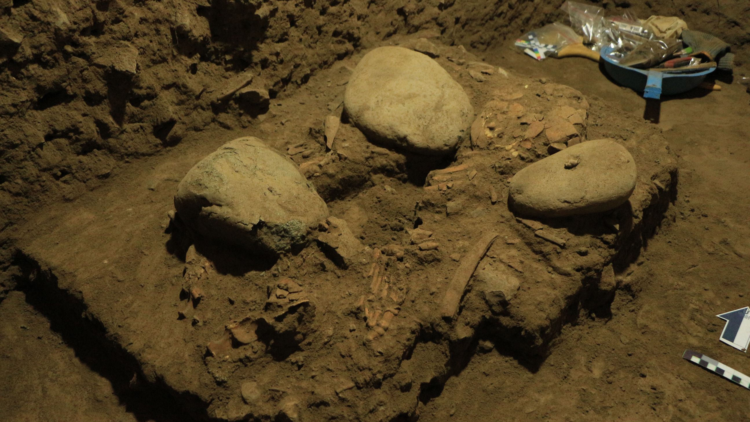 The skeletal remains of an ancient teenage Toalean woman were nestled among large rocks, which were placed in the burial pit discovered in a cave on Sulawesi.