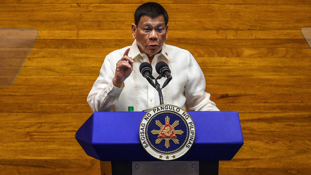 Philippine President Rodrigo Duterte speaks during the annual state of the nation address at the House of Representatives in Manila on July 26, 2021.